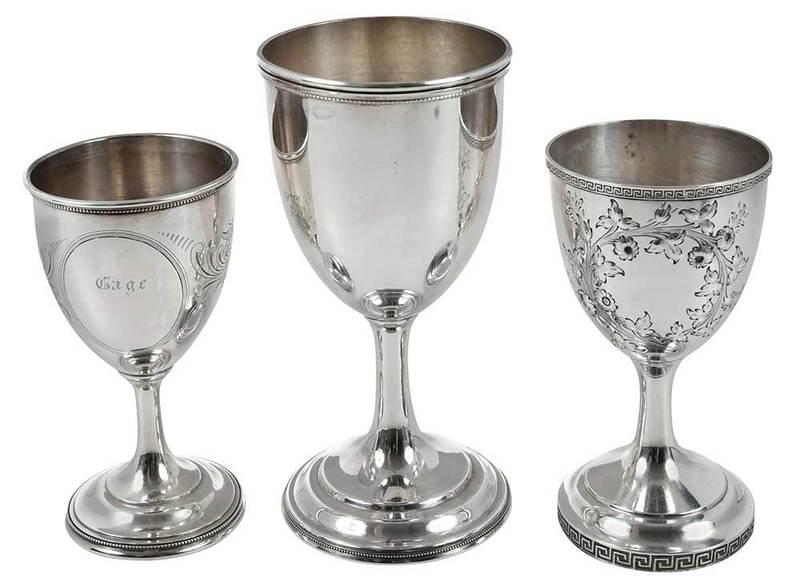 Three Coin Silver Goblets: American 19th century, bead and floral decoration, marks for Duhme & Co., (Cincinnati, Ohio), Bailey & Co. (Boston, Massachusetts) and Peter Krider (Philadelphia, Pennsylvania),ÿ19.78 oz. T.,ÿ6 in.