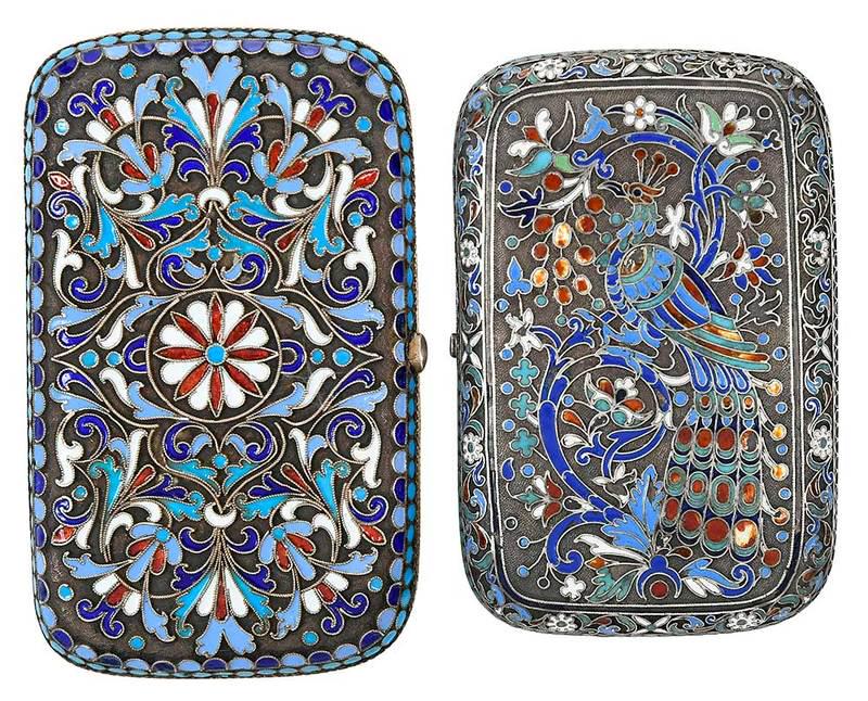 Two Russian Silver/Enameled Boxes: one with scroll and foilate decoration, later applied monogram, partial mark, possibly Russian, 4-1/8 x 2-1/2 in.;ÿone with peacock, marks for Moscow, 1887, .916 fine, 3-5/8 x 2-1/2 in.,ÿ8.54 oz. T.