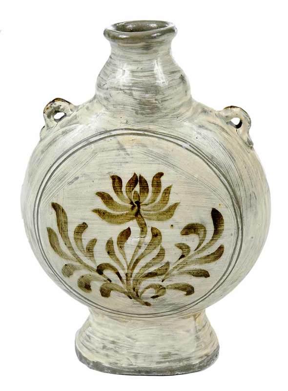Korean Buncheong Style Moon Flask: Korean stoneware moon flask, Buncheong style, light green glaze and floral motif, 8-1/2 in.
