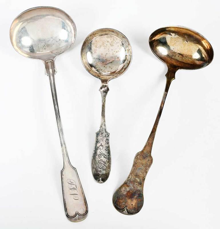 Kentucky Coin Silver Ladles: American, 19th century, all with fiddle style handles, marks for Thomas Jefferson Shepard (Georgetown and Louisville, working 1817-1875; George Griffin (Louisville, working 1841-1852); and G. W. McDan