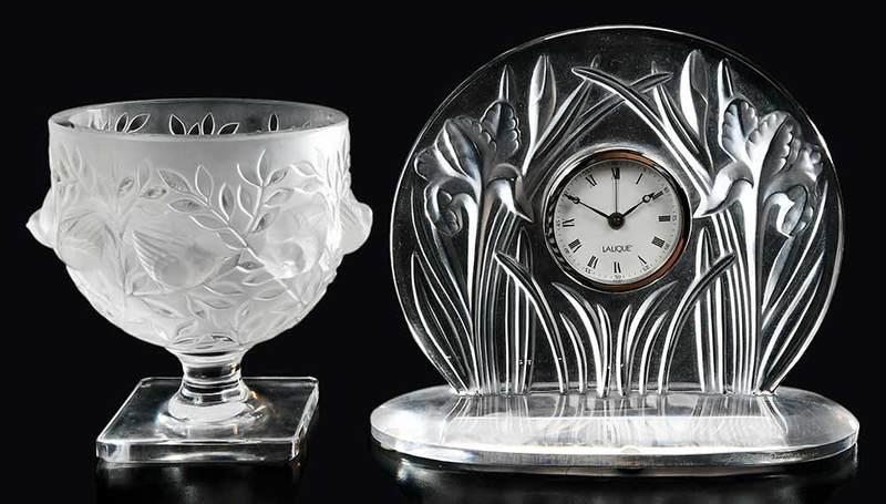Lalique Elisabeth Vase, Iris Pendule Clock: clock engraved "4.5.91 M Lalique", also engraved "Lalique France", with original box, 6-3/4 x 8 x 3-5/8 in.; vase engraved "Lalique France", 5-3/8 in. Provenance: Estate of Dr. Philip George, Memphis,