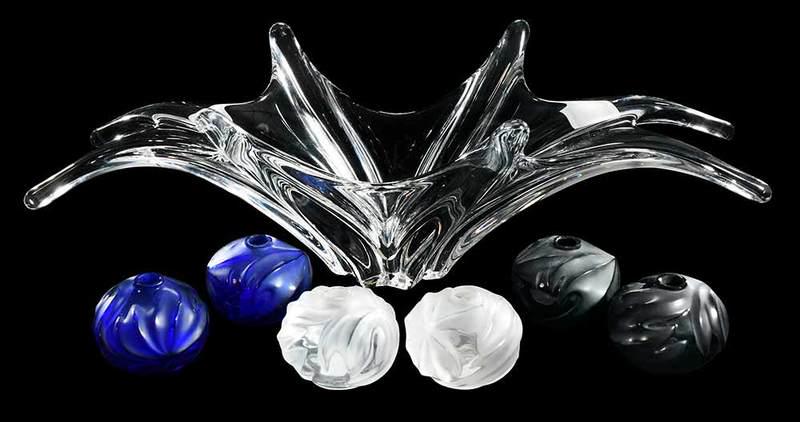 Six Lalique Bud Vases, Baccarat Starburst Bowl: bud vases: two frosted clear glass, two blue and two black, engraved "Lalique/France", 2 in.; starburst bowl, acid etched Baccarat, 6 x 18 in. Provenance: Estate of Dr. Philip George, Memphis, Tenness