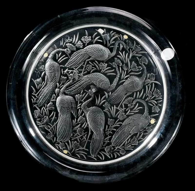 Lalique Peacock Glass Tray: engraved "Lalique France", 15-1/2 in.ÿ Provenance: Estate of Dr. Philip George, Memphis, Tennessee