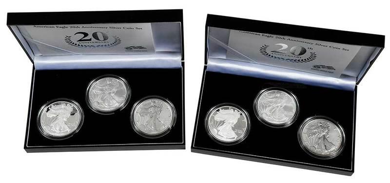Two American Silver Eagle 20th Anniversary Sets: Pair of 2006 American Silver Eagle Three Coin Sets including the uncirculated, proof and reverse proof versions, each set with box and COA Provenance: Private Collection, Asheville, North Carolina