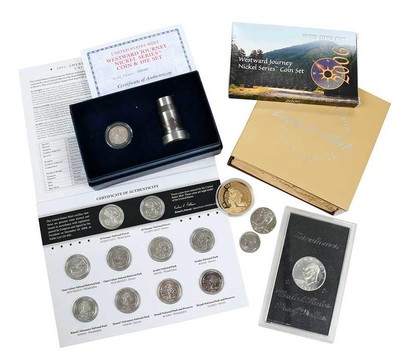 Miscellaneous Group of Coins and Currency: John Marshall Chronicles set (x5); P & D Presidential dollar set (x12); Westward Journey Nickel set (x15); Ben Franklin Chronicles set (x5); Bald Eagle commemorative half dollar (x6); Marine Corps coi