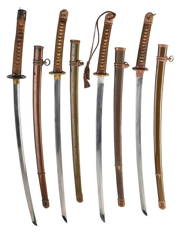 Four Unsigned Samurai Swords: blade with two mekugi-ana, 27 in.; deep yakiba, dai midare, 26 in.; five mekugi-ana, pierced iron tsuba, 26-1/2 in.; Nakago, 27 in., each with scabbardNote:ÿreferences to mekugi-ana are based on cons