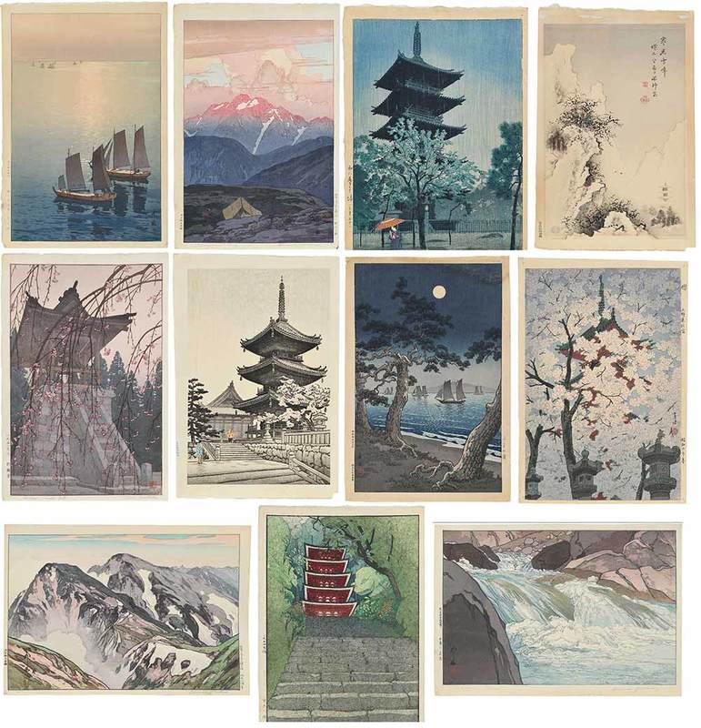 11 Japanese Woodblock Prints, Hiroshi Yoshida: 20th century, four by Hiroshi Yoshida depicting landscapes, various scenes by other artists including Hodaka and Toshi Yoshida, Nisaburo Ito, Shiro Kasamatsu, and Gizan Izuno, largest 18 x 12 in.; all