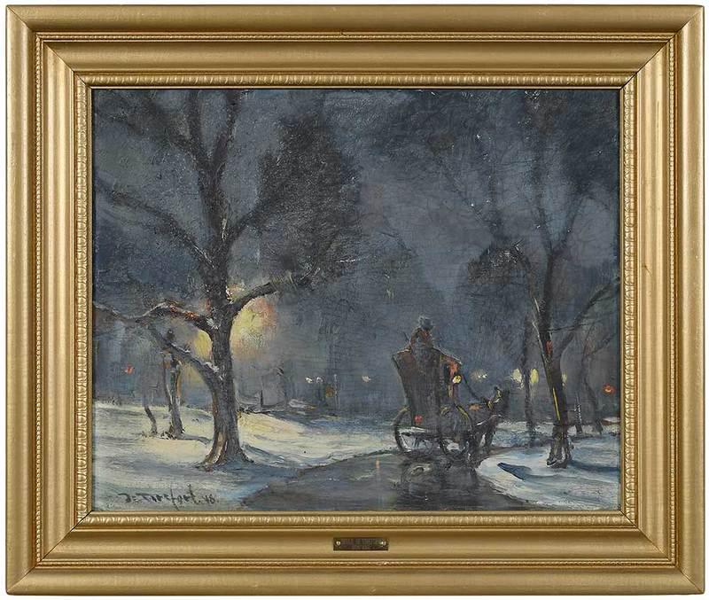 Bela De Tirefort: (American, 1894-1993)Horse Carriage in Central Park, 1948, signed lower left "De Tirefort. 48", oil on canvas board, 16 x 19-3/4 in.; modern carved gold painted wood frame, 21-1/2 x 25-1/4 in. Provena