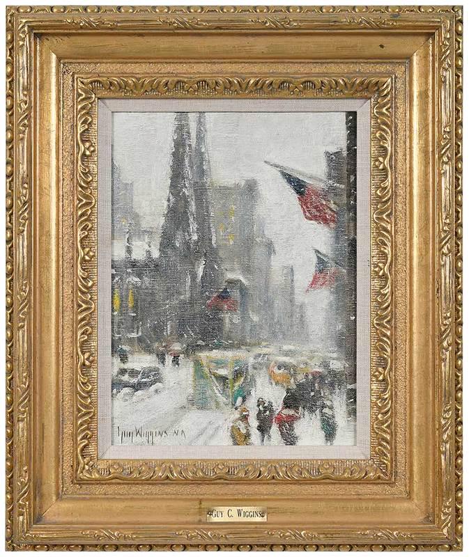 Guy Carleton Wiggins: (New York/Connecticut/Florida, 1883-1862)Fifth Avenueÿin the Snow, signed lower left "Guy Wiggins N.A.", oil on canvas board, 12 x 9 in.; reproduction carved gilt wood and composition frame, 18-1/2 x