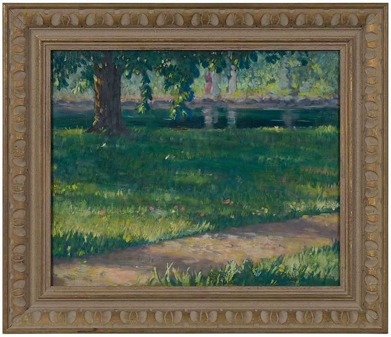 James Roy Hopkins: (Ohio/Kentucky/France, 1877-1969)Mirror Lake, Ohio State University Campus, c. 1925, unsigned, labeled verso, oil on plywood panel, 15 x 18 in.; modern wood and rubbed gold finish frame, 20 x 23 in.No