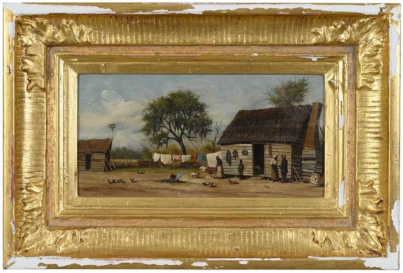 William Aiken Walker: (Charleston, South Carolina, 1838-1921)Cabin Scene, signed lower left "WAWalker", oil on board, 6-1/4 x 12-1/4 in.; gilt gesso frame 12-1/4 x 18-3/8 in.Note: label verso from Robert M Hicklin, Jr. Inc