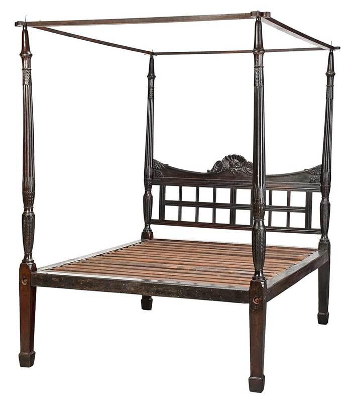 Fine Federal Rice Carved Four Poster Bed: Bermuda or Caribbean, early 19th century, appears to be mahogany throughout, with finely carved head and foot posts, tapered legs, period canopy frame, rich dark color, 91 x 87 x 68-1/2 in. Provenance