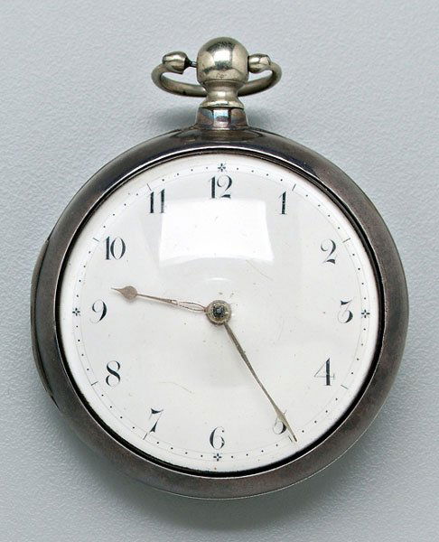English silver pair case watch,: fusee movement signed "Thos. Russell/Lancaster/No. 313", white enamel dial, bull's-eye crystal, sterling silver cases with marks for Chester, 1808, maker "I.E.", 1905 repair date mark, with key, 2-1/8