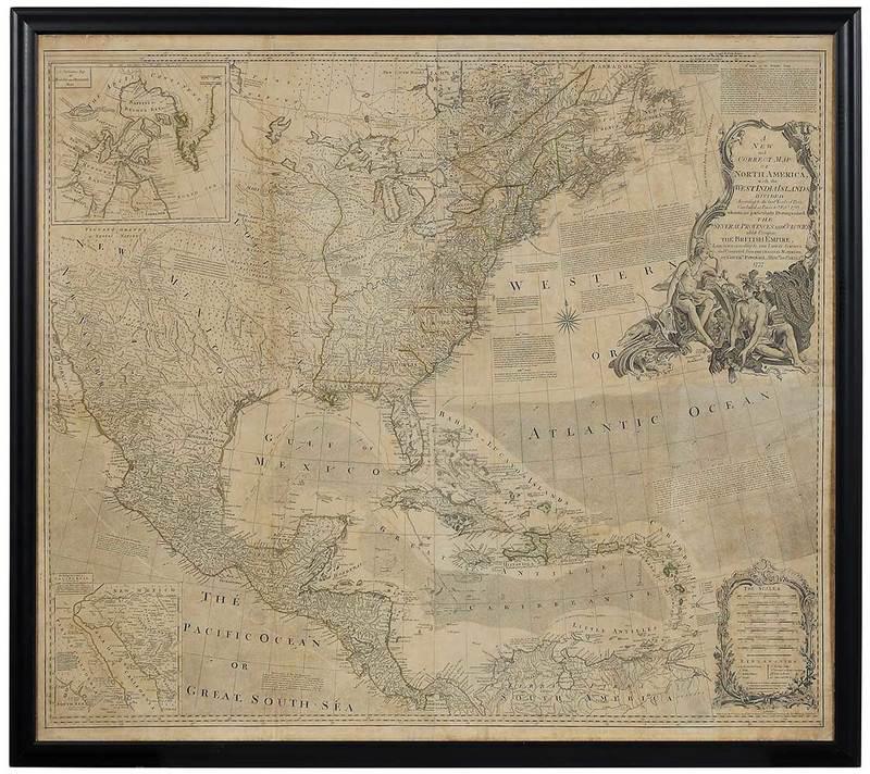 Sayer And Bennet Map of North America, 1777: British, published by Robert Sayer and John Bennett, joined four-sheet map, black and white engraving with minimal hand colored highlights, decorative cartouche to upper right, includes historical not