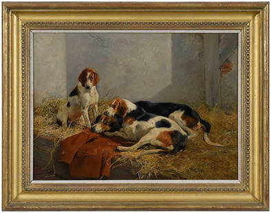 John Sargent Noble: (British,˜1848-1896)˜The Master's Choice-Hounds in a Barn, 1876, signed lower right "J..S. Noble/1876", oil on canvas, 16-1/8 x 22 in.; gilt wood frame, 21-7/8 x 27-3/4 in.Provenance: Richard Green,