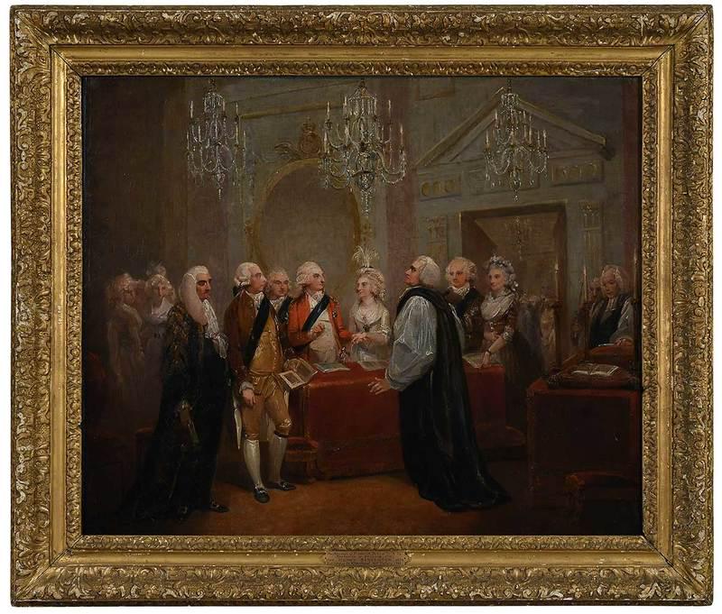 After Henry Singleton: (British, 1766-1839)Marriage of Frederick, Duke of York to Frederica, after the composition held by the Minneapolis Institute of Art, circa 1791, unsigned,˜ oil on canvas, 25 x 30 in.; carved and gil