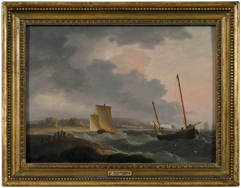 Attributed to Thomas Whitcombe: (British,˜1763-1824)Boats Off The Cliffs of Dover, unsigned, oil on panel, 9-1/8 x 12-3/8 in.; gilt wood and composition frame, 12 x 15-1/4 in.Provenance: Grogan & Company: October 30, 1995, Lot 435;