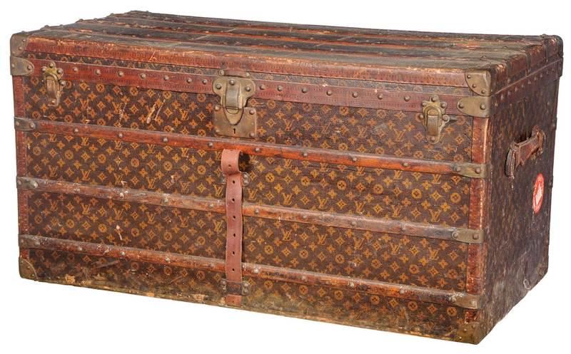 Louis Vuitton Steamer Trunk: French, circa 1920s, LV monogram canvas and˜leather trim, bound in wood and brass hardware, exterior stickers at top, sides "L/Cunard White Star/First Class", with three interior trays, webbed top, l