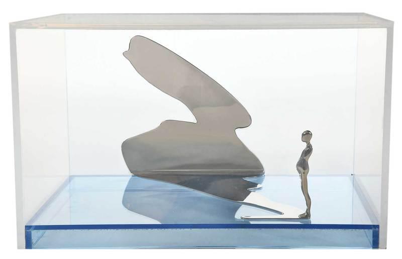 Ernest Trova: (Missouri, 1927-2009)Study, Falling Man-Shadow Figure, 1971, edition 125/150, signed and dated underneath, polished steel with a colored acrylic case, 7 x 11-3/8 x 7-1/4 in.Provenance: Private Florida