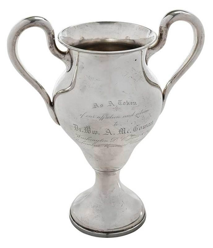 A. E. Schultz Sterling Trophy: Baltimore, early 20th century, urn form, inscribed "AS A Token/of our affection and esteem/to/Dr. Wm. A. Mc. Cowan/Washington D.C. June 8, 1912/Columbus Memorial Unveiling", back inscribed with names,