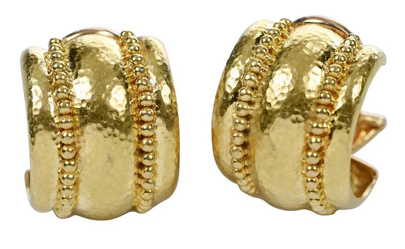 Elizabeth Locke 19kt. Earrings: hammered texture half hoop design, stamped "19K" and with maker's mark, yellow gold, 3/4 x 9/16 in., 16.4 gramsProvenance: Estate of Col. Robert and Mrs. Linda Newton, Marshall, Virginia