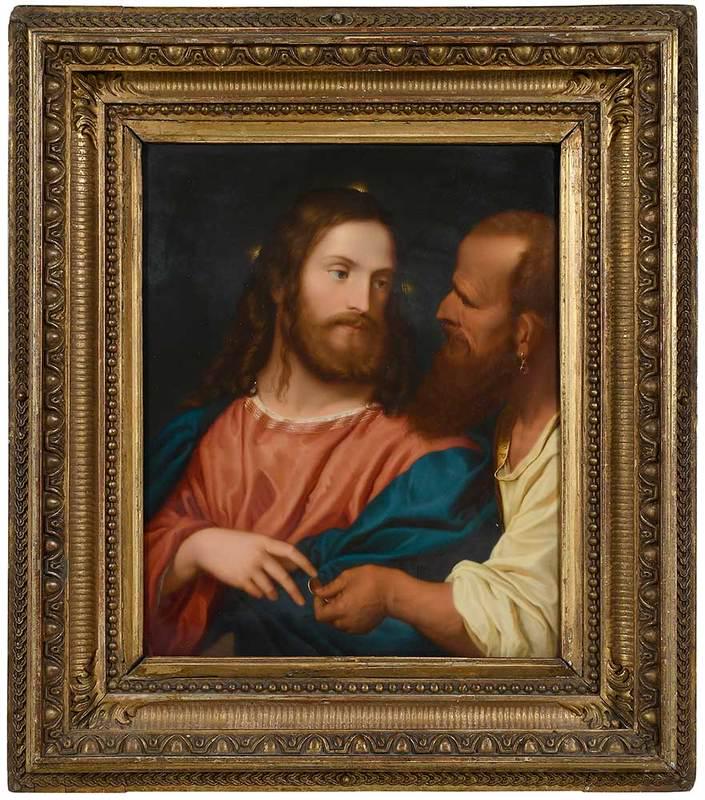 A Fine Berlin K.P.M. Porcelain Plaque: Cristo della monetaÿThe Tribute Money, after Titian (Italian,ÿcirca 1488-1576), apostle's shirt collar reads "Titianvs F.", stamped verso "KPM" with scepter, hand painted porcelain plaque, sight 12