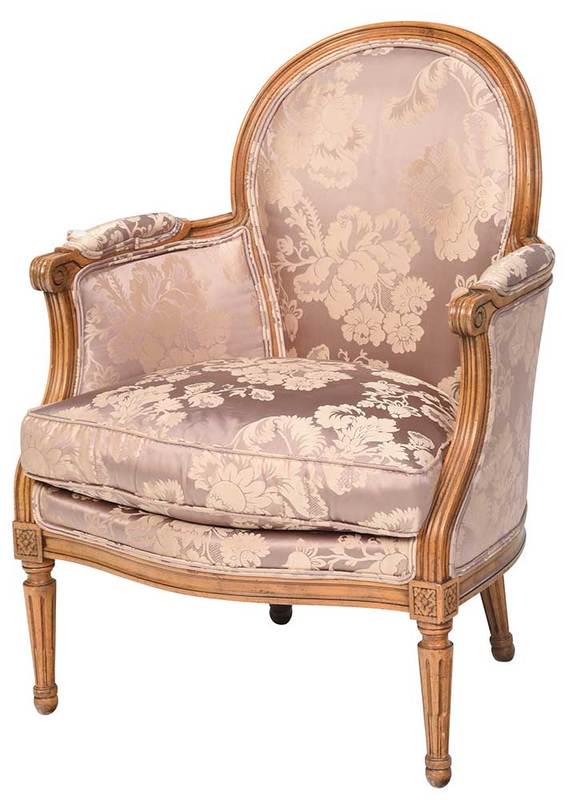 Louis XVI Style Beech Wood Upholstered Bergere: 20th century, beech wood frame set with purple silk damask upholstery; Provenance: Estate of Col. Robert and Mrs. Linda Newton, Marshall, Virginia
