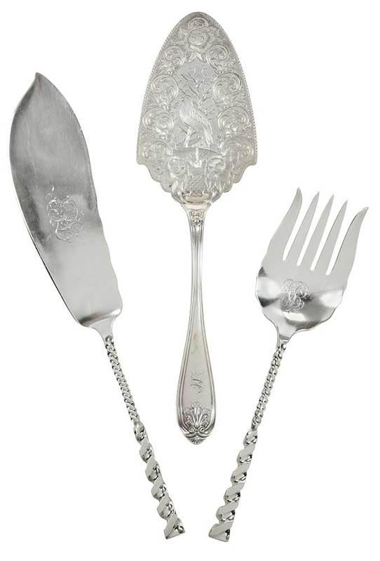 Three Pieces Silver Flatware: American, 20th century, including Whiting Square Twist sterling Fish serving fork and knife, marks for Whiting and retailer Theodore B. Starr; coin silver server with engraved blade with bird, floral 