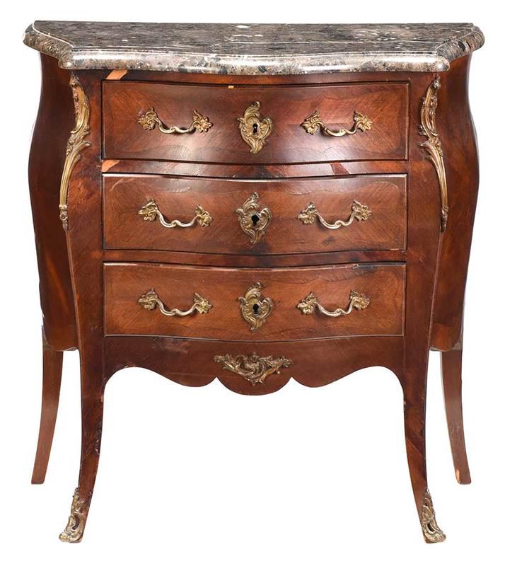 Louis XV Style Bronze Mounted Marble Top Commode: French, late 19th century, thick marble top, three dovetail drawers with oak linings, stamped "Made in France", 33-1/2 x 32 x 16 in.; Provenance: Private Collection, Oklahoma City, Oklahoma