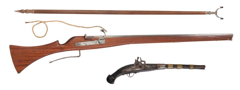 British B.S.A. Target Rifle with Stand and trade Pistol: Birmingham Small Arms Company, black powder target rifle, proof mark "BP" (under crown), "11" in diamond, 43-1/2 in. octagonal barrel, 60-1/2 in. overall; stand, 55-3/4 in.; Kubur trade pistol, possib