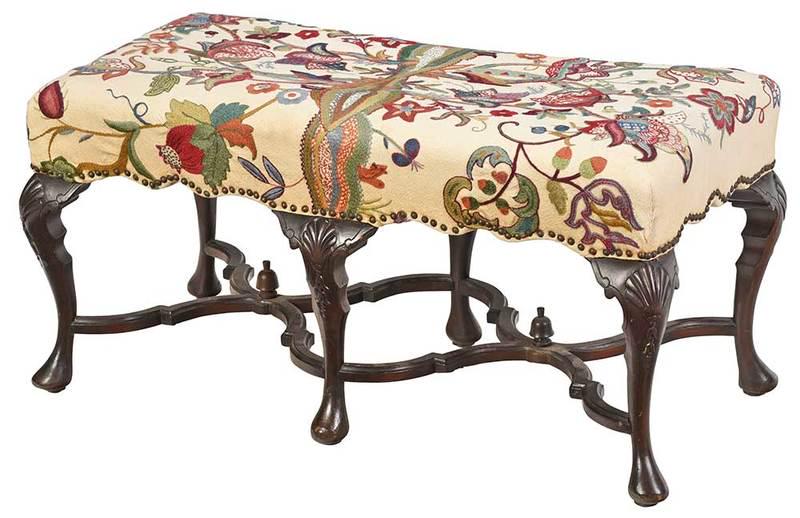 Irish Chippendale Style Window Bench: early 20th century, carved walnut frame with shell carved knees and stretcher base, crewelwork upholstery with brass tacking, 18 x 37 x 18 in.; Provenance: The I. Noel Hume Collection of Artifacts and