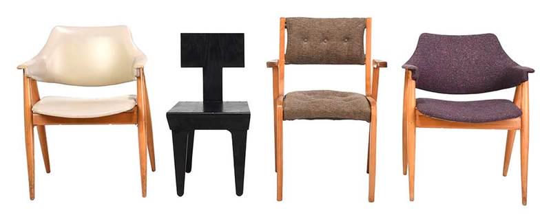 Group of Four Mid Century Modern Chairs: comprising a pair of turned maple examples, with upholstered backs and seats, cherry example with tufted upholstery, Nathan Lerner style side chair in black paint, tallest 32-1/2 in.; Provenance: Prop