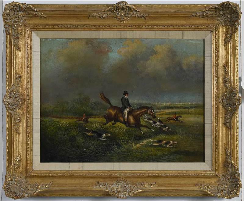 British School Sporting Painting: (19th century)The Chase, oil on canvas, 12-1/8 x 16 in.; gilt wood and composition frame 18 x 22-3/4 in.; Provenance: Estate of Col. Robert and Mrs. Linda Newton, Marshall, Virginia