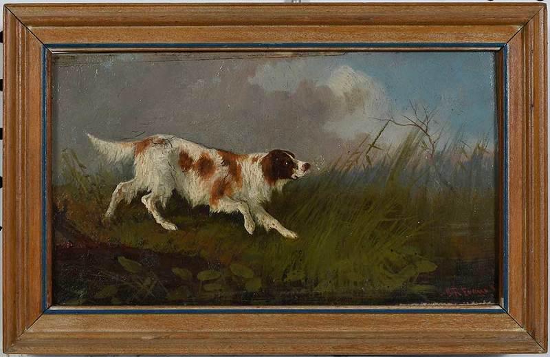 Joe Evans: (American, 1857-1898)Ned the Spaniel, oil on canvas, signed lower left "J.R. Evans", 5 x 9 in.; modern wood frame, 6-3/4 x 10-1/2 in.; Note: pencil inscription verso "Dear... I leave... sketch for you