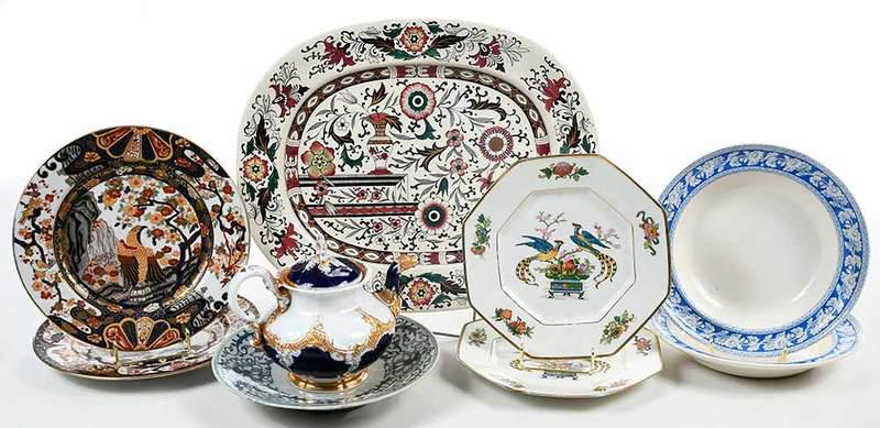 Nine Decorated Ceramic Service Pieces: British/Continental, Asian, 19th century, large oval platter with floral motif, marked "Turkish Decoration/T.G. & F.B" with diamond registration mark on underside, 18 in.; two shallow bowls with blue