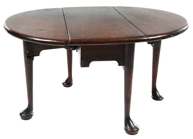 Queen Anne Miniature Drop Leaf Table: British, 18th century, mahogany and walnut with beech secondary, mellow brown surface, with label under tabletop "Collection of T.H. Kapnek / No. 1026", 7 x 10-1/4 x 4-3/4 in.; Provenance: The Kapnek