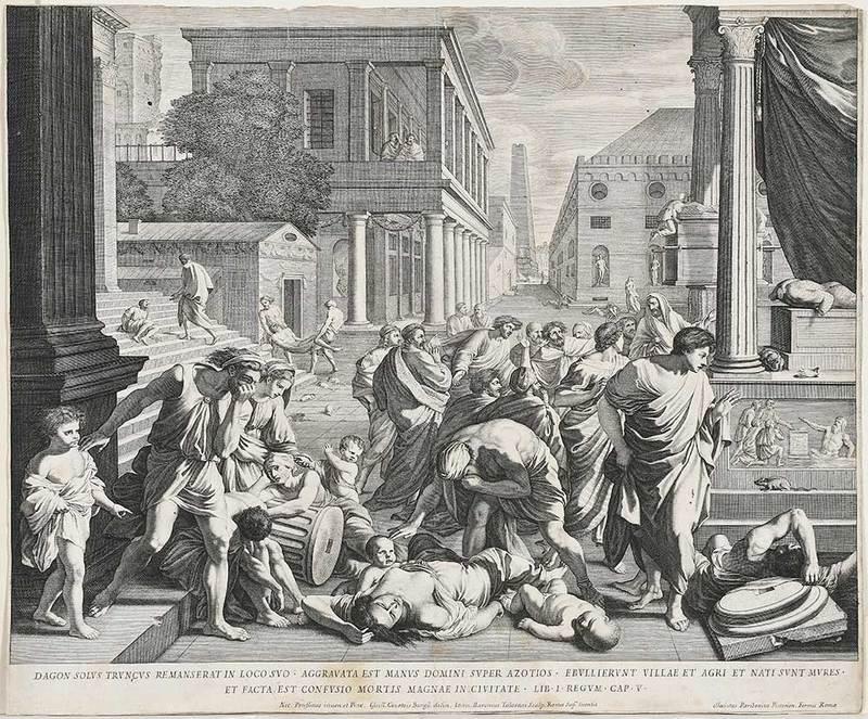 After Nicolas Poussin: (French, 1594-1665)Dagon Solvs Trvncvs Remanserat in Loco Svo...ÿ(The plague of the Philistines at Ashdod), Baron Jean Detto Tolosano, Guillaume Courtois, after Nicolas Poussin, 17th century engravin