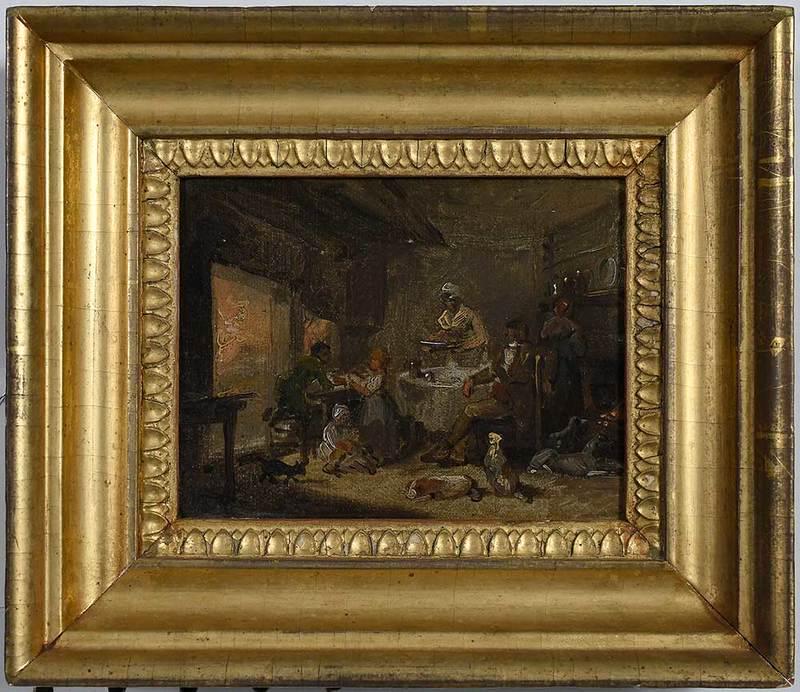 British School Genre Painting: (19th century)Interior Scene With Figures by a Hearth, unsigned, inscribed verso "_ was purchased at a ? effects of the late D.L.B drawing master, in Britain (?), in_ 18, Mr. Brown was __ J. Hoplands?