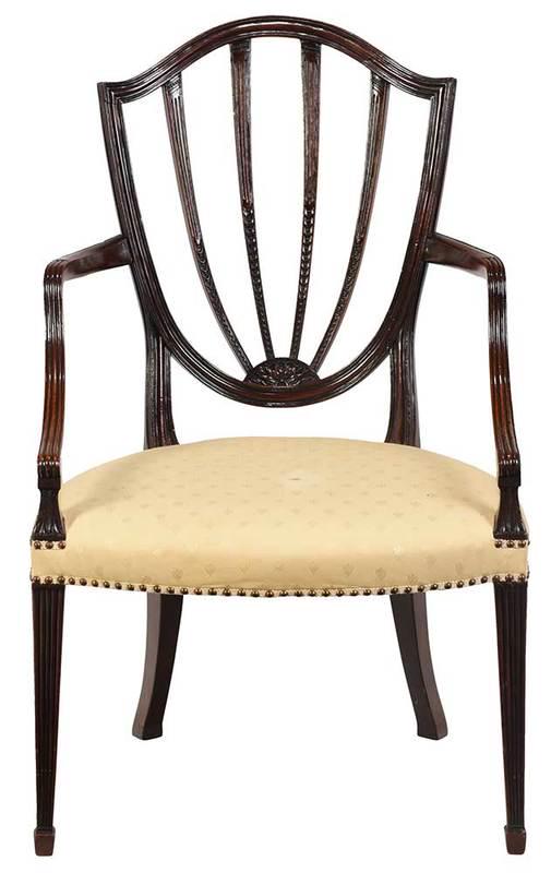 Fine George III Mahogany Shieldback Armchair: British, late 18th century, with carved back and reeded legs, silk upholstery with brass tacking, 36-1/2 in.; Provenance: Estate of Mr. and Mrs. David Astor Dowdy, Jr
