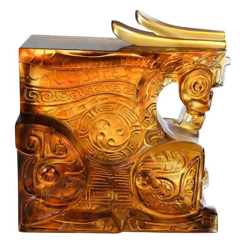 Liuligongfang Carved Glass Figure: Taiwanese, amber colored carved glass figure, Liuligongfang mark carved in back, marked "LLFG" and signed on base, marked "2002, 17/250", protective felt feet attached to base, 7 x 6-1/2 x 4-1/4 in.; 