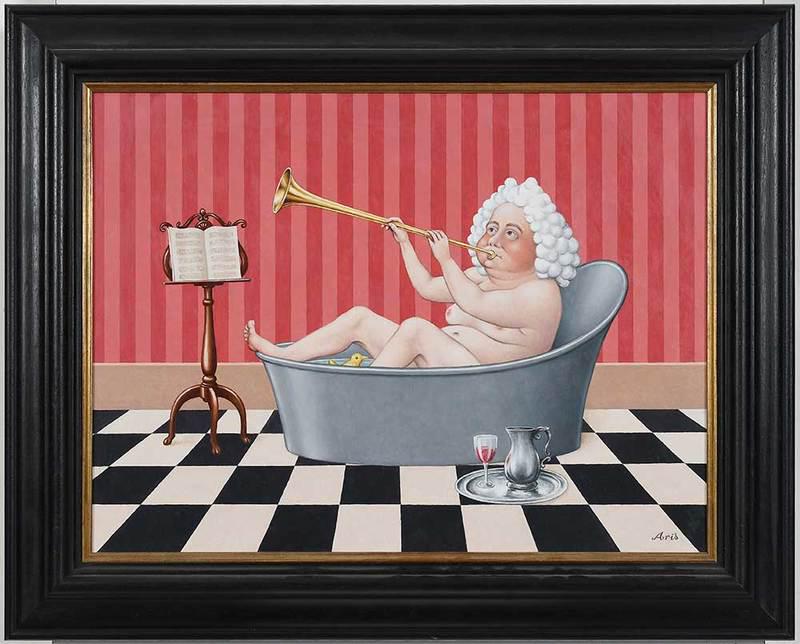 Fred Aris: (British,ÿborn 1932)Handel's Water Music, signed lower right "Aris", oil on artist board, 15 x 20 in.; black painted frame, 20-3/8 x 25-3/8 in.; Provenance: Portal Gallery, London; Private Florida Co