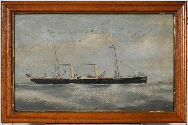 American or British Maritime Painting: (19th century)British Paddle Steamer, 1884 signed lower right "G.G.T__/84" oil on card, 12-1/2 x 20-5/8 in.; 19th century ogee molding frame, 15-1/2 x 23-3/8 in.; Provenance: Private Florida Collectio