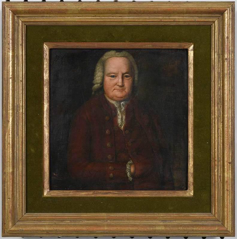 British School Portrait: (18th century)Portrait of a Gentleman in Red Coat, unsigned, oil on panel, 8 x 7-3/4 in.; gilt wood frame, 12-5/8 x 12-1/2 in.; Provenance: Private Florida Collection
