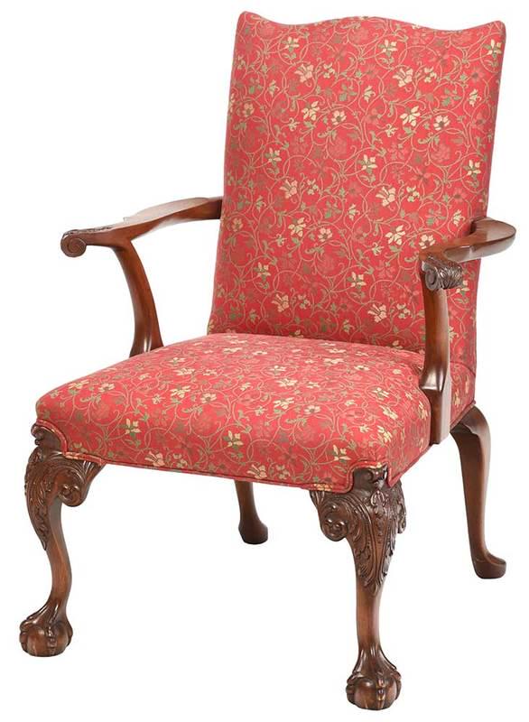 Chippendale Style Carved Mahogany Arm Chair: modern, probably Baker, carved frame with red upholstery and tan slipcover, 39 in.; Provenance: Estate of Col. Robert and Mrs. Linda Newton, Marshall, Virginia