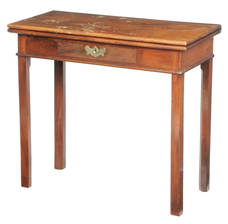 Chippendale Figured Mahogany Games Table: British/American, 18th century, solid mahogany top, single dovetailed drawer, 29 x 32 x 15-1/2 in.; Provenance: Private Collection, Hendersonville, North Carolina
