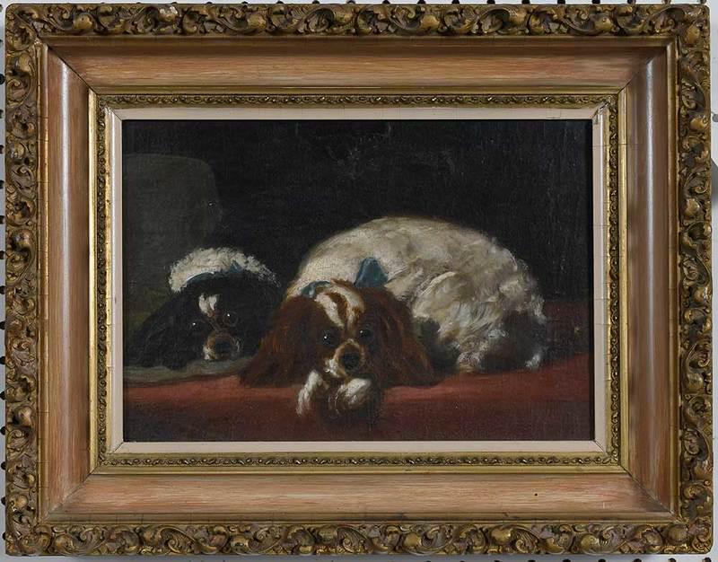 British School Dog Painting: (19th century)Two King Charles Spaniels, unsigned, oil on canvas, 9-1/2 x 13-3/4 in.; gilt wood and composition frame, 14-7/8 x 19 in.; Provenance: Estate of Col. Robert and Mrs. Linda Newton, Marshal
