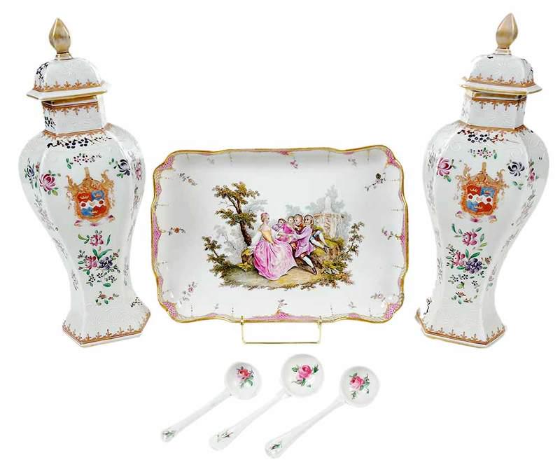 Three Pieces Continental Porcelain: 19th/20th century, pair Samson armorial covered vases, 13-1/2 in.; Meissen hand painted tray with courting scene, underglaze blue crossed swords marks, 11 x 7-1/2 in.; three porcelain ladles, 5 in.; P
