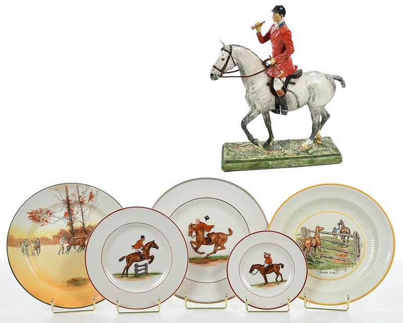 Dishes with Hand Painted Horse Scenes, Sculpture: British/American, 20th century, 62 assorted dishes: 36 Pickard China dishes, 20 dinner plates, eight dessert plates, eight saucers, decorated by Crest Studio, red rim, company mark on bases, 10-3/4 in