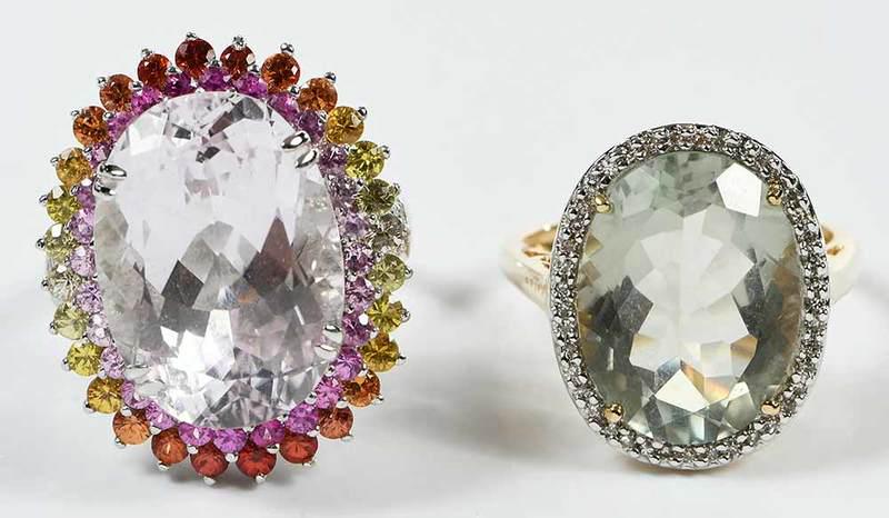 Two Gold Gemstone Rings: center oval faceted pink quartz, assorted colored round cut spinel and sapphire, stamped "18K" and with maker's mark, white gold, size 7-3/4, 10.5 grams; oval faceted prasiolite, single cut diamonds, 