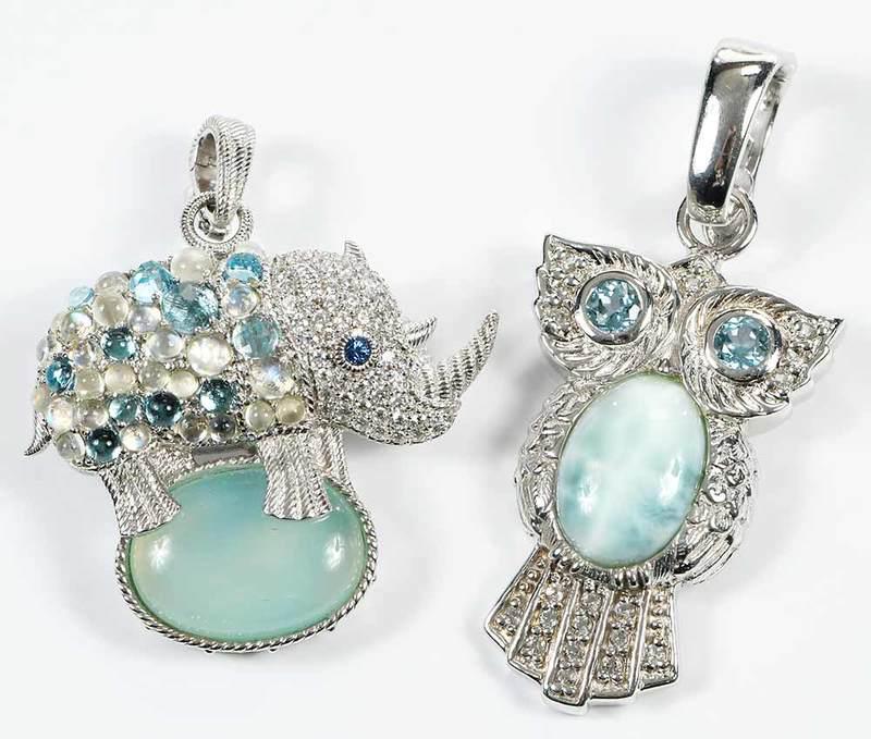 Judith Ripka Silver Pendant & Silver Owl Pendant: elephant, pendant and brooch, imitation stones, stamped "Judith Ripka, 925, Thailand, CZ", 1-5/8 x 1-1/2 in., 15.7 grams; owl pendant, blue and white topaz, larimar (possibly synthetic), stamped "925,